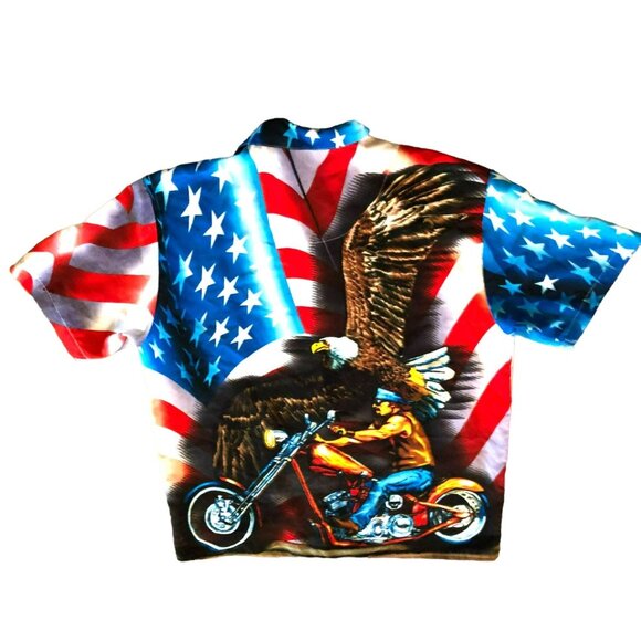 BIKER CHOPPER SHIRT SZ XL FLAG ALL OVER PRINT SAPHIRE LOUNGE BUTTON UP MENS - Picture 3 of 4